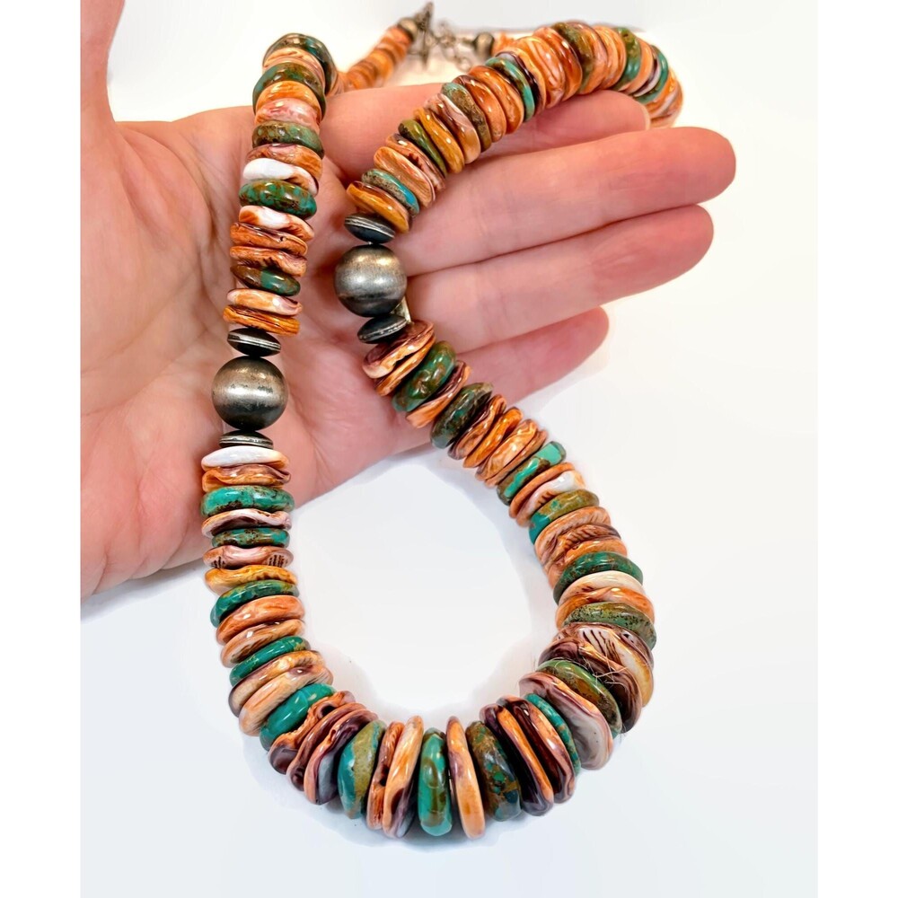 Vintage Sterling Silver Necklace Turquoise Orange Purple Spiny Oyster Shell